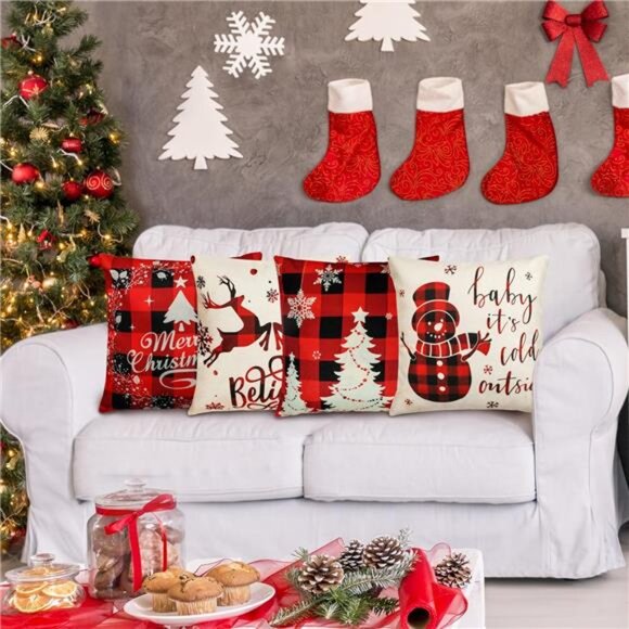 Farmhouse Christmas Pillow Covers - 18x18 Inch Set of 4, Sofa Couch - Picture 5 of 7